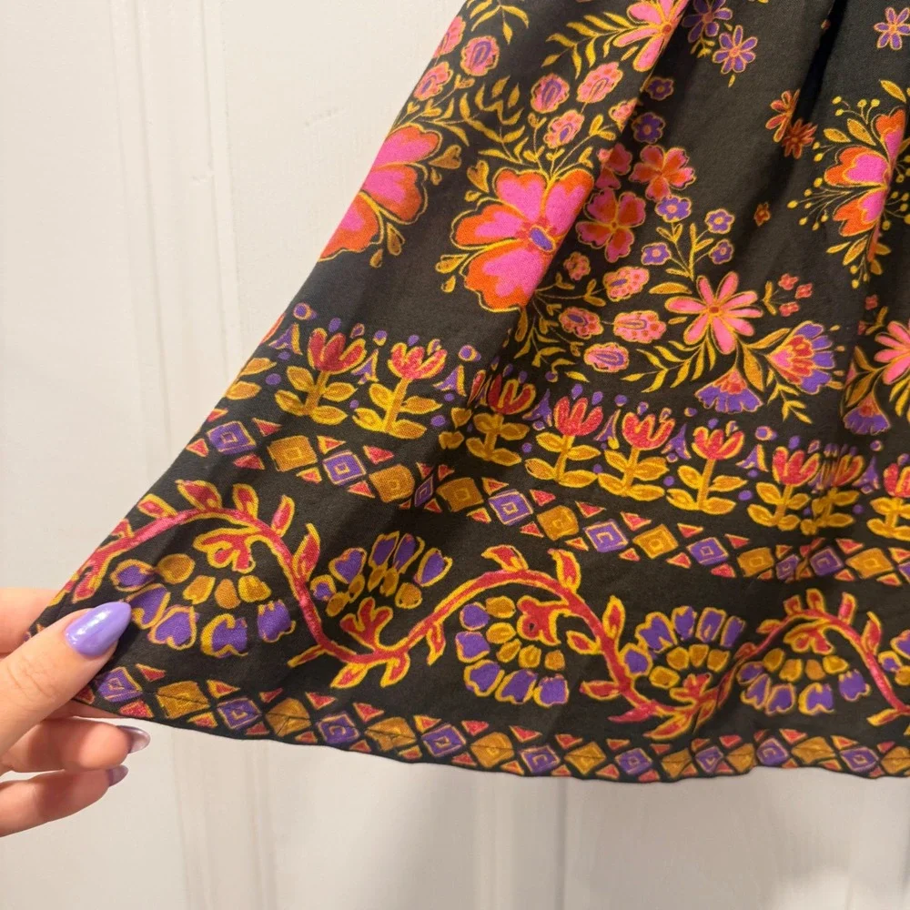 Natural Life Floral Smocked Mini Skirt Brown Pink Orange Boho M Whimsy Stretchy